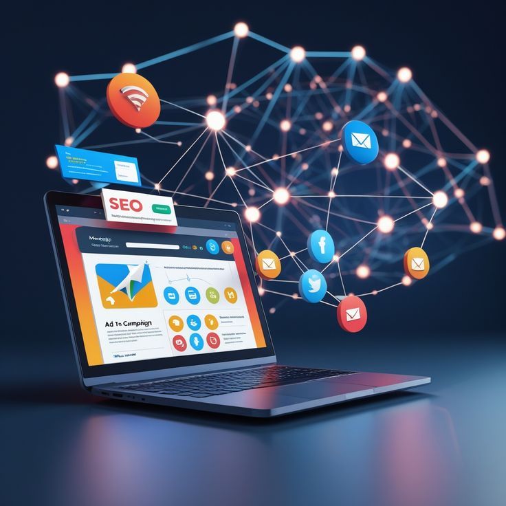 SEO optimization visuals displayed on laptop for digital marketing success