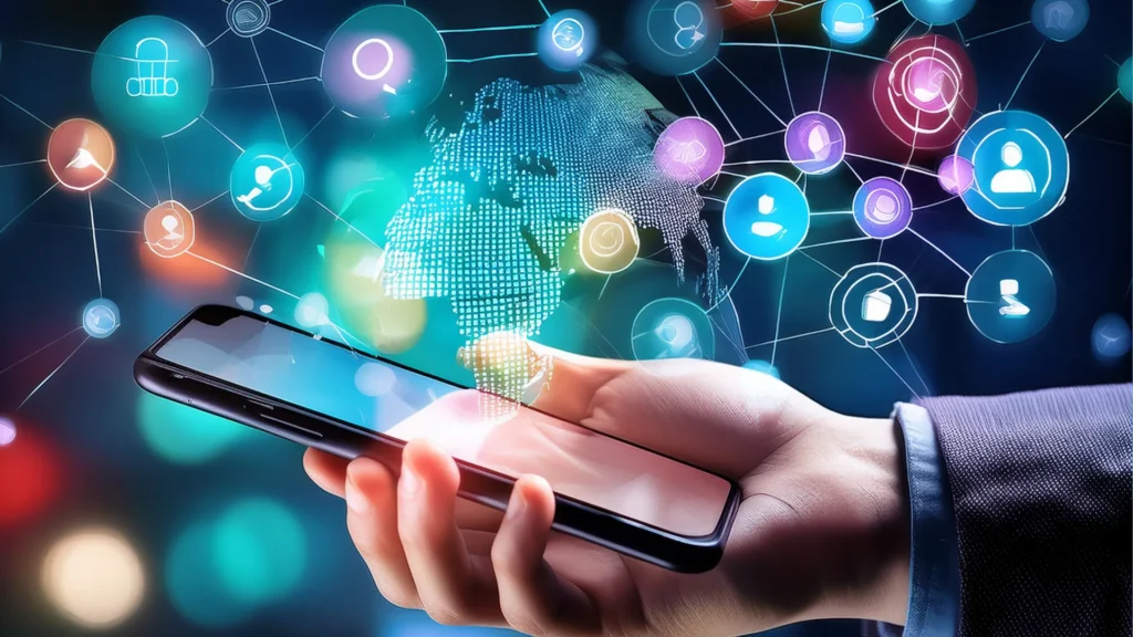 Social media marketing guide showing SEO strategies, popular social media apps, content marketing, and social media management tools.